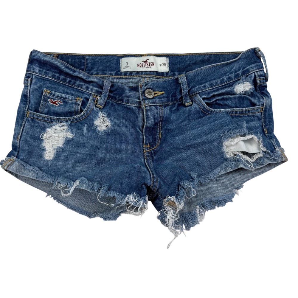 VTG Y2K Distressed Denim Micro Mini Shorts Sz 3 W26 Ultra Low Rise Cut Offs Logo